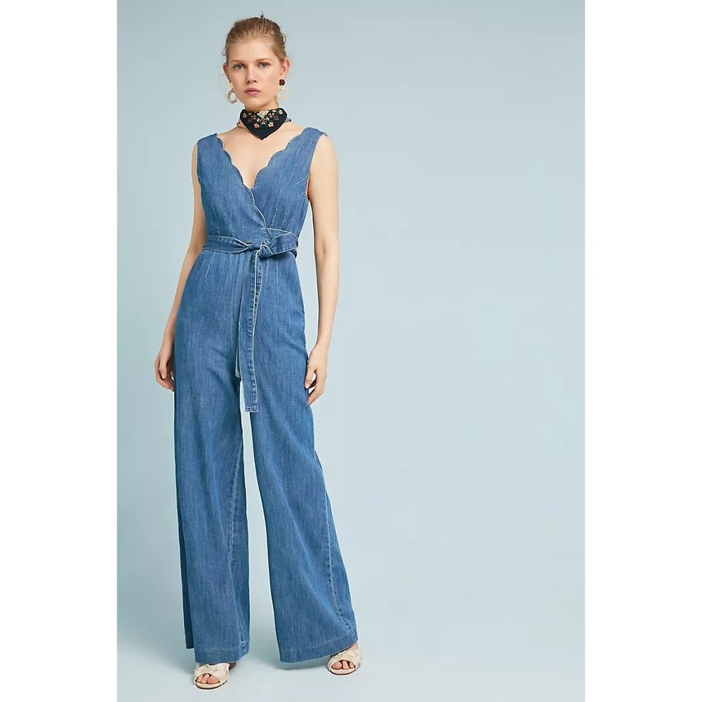 Anthropologie Pilcro Scalloped Denim Wide Leg Jumpsuit Blue Wrap Waist Size 6